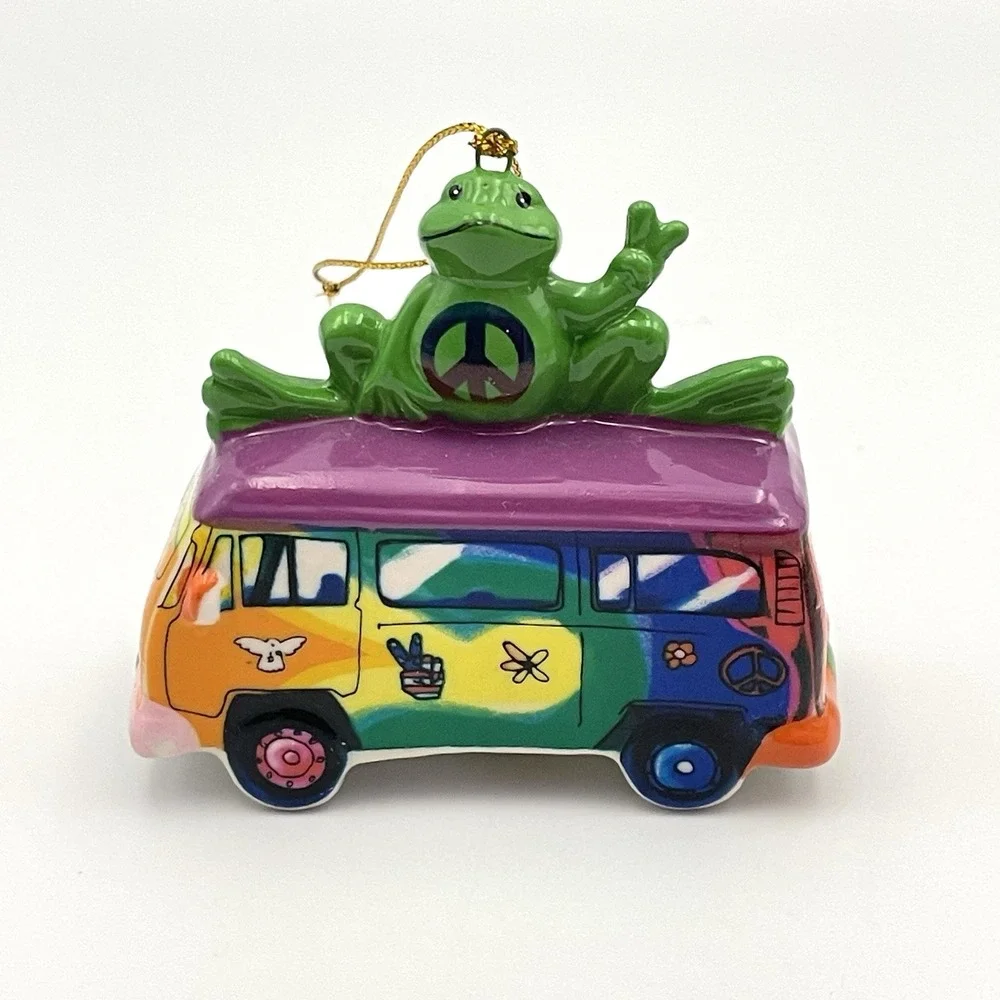 Peace Frogs VW Bus Inspired‎ Ceramic Christmas Tree Ornament Rainbow Hippie